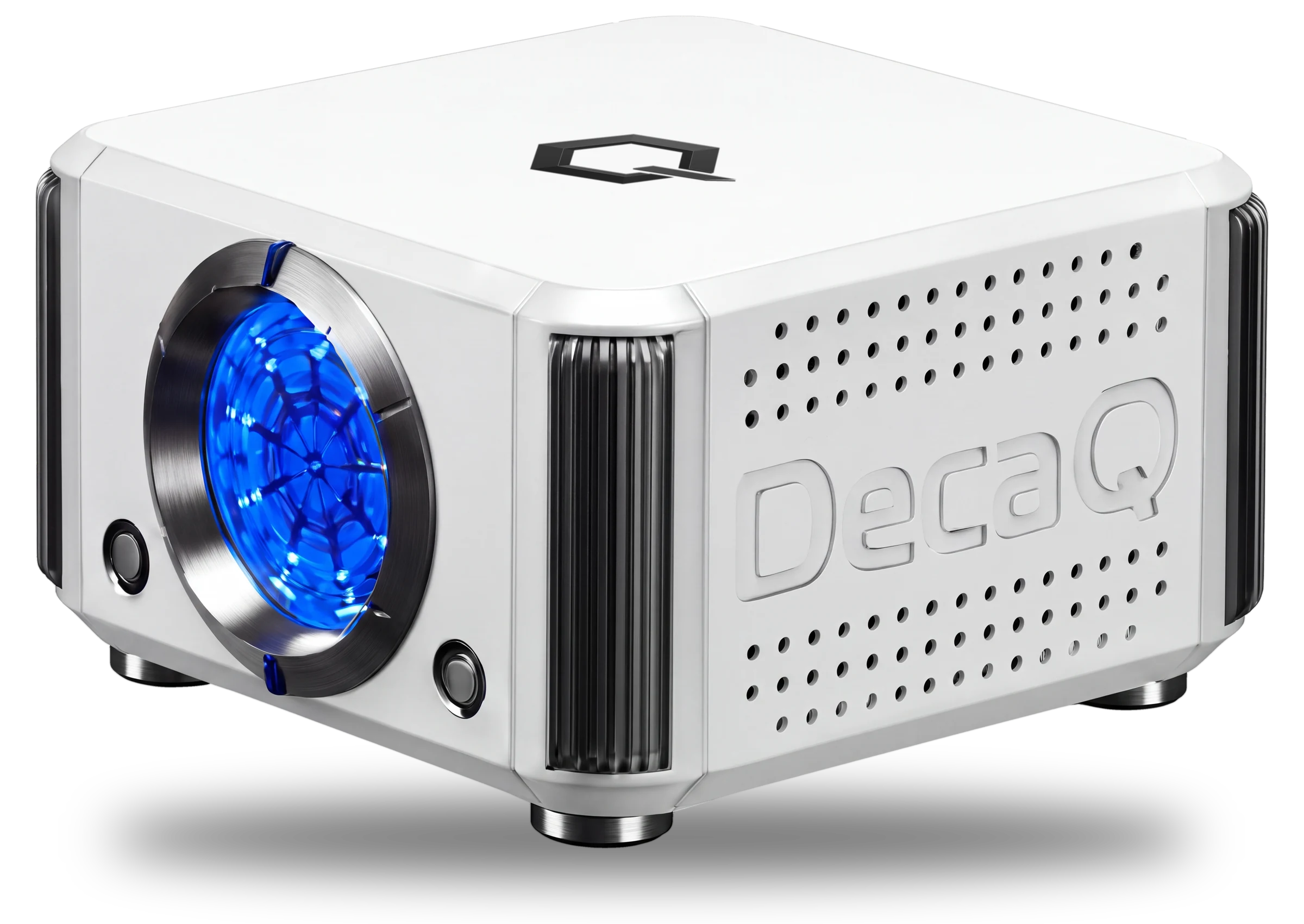 Q400 compact white desktop system with a blue illuminated front, supplied product image