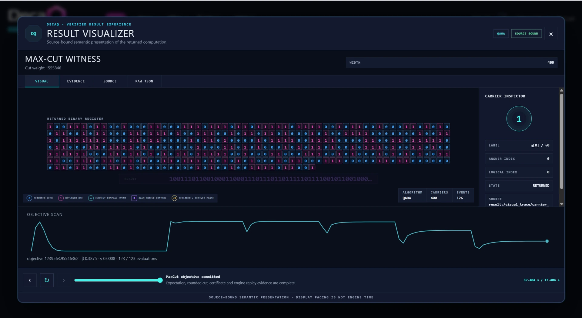 DecaQ Max-Cut result visualizer showing a binary register and objective scan